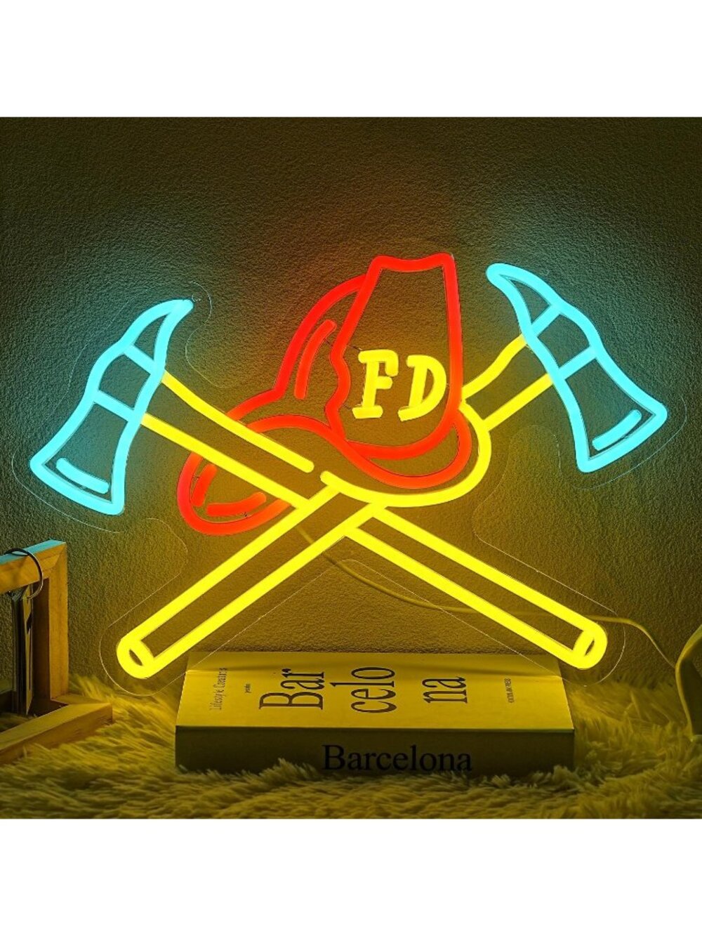 Firefighter Helmet Neon Sign Firefighter Hat Axe LED Light Rescue Room Theme